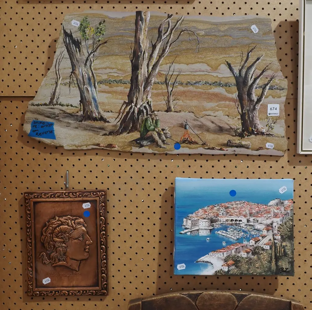 oil on ribbon stone - swag man, oil on canvas - harbour scene, pressed copper portrait - blue dots Image 1++
