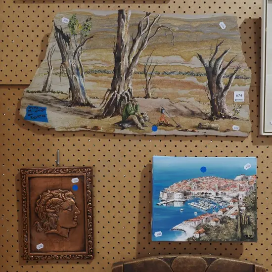 oil on ribbon stone - swag man, oil on canvas - harbour scene, pressed copper portrait - blue dots