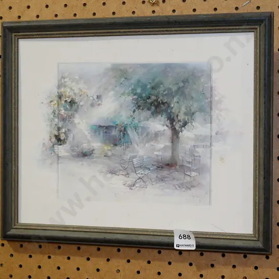 framed print - chairs under tree - no glass - marks