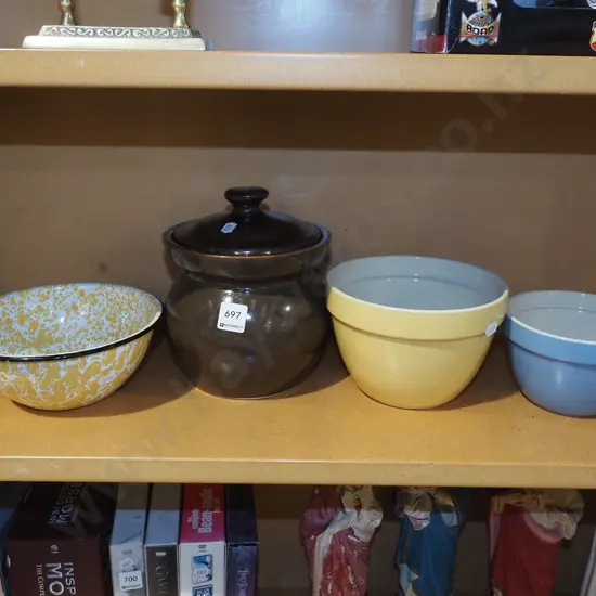 2x mixing bowls, enamel bowl, ceramic lidded biscuit barrel