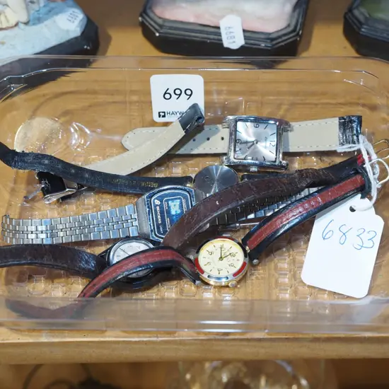 tray of wristwatches, tie pin - 1 watch straps need reattaching
