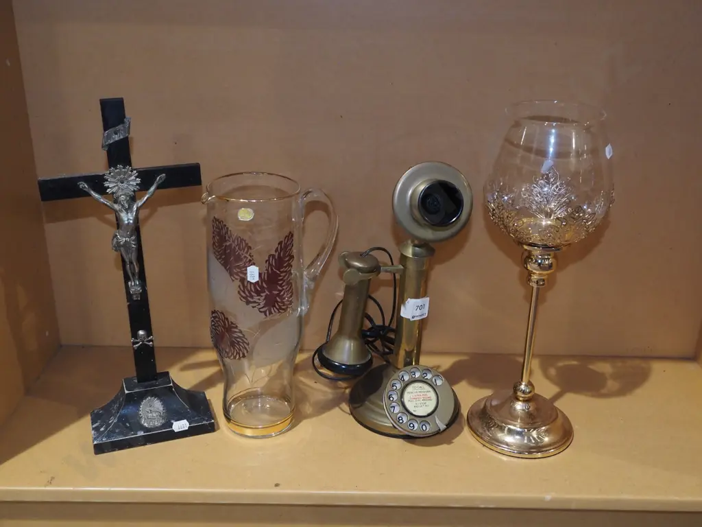 reproduction brass vintage telephone, tall goblet, candlestick H390 etc Image 1++