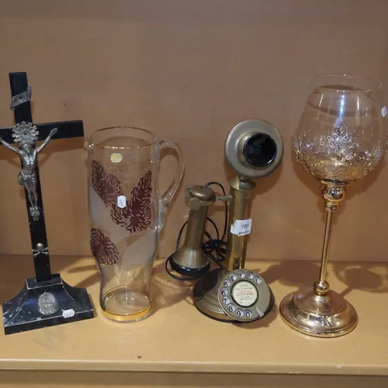 reproduction brass vintage telephone, tall goblet, candlestick H390 etc