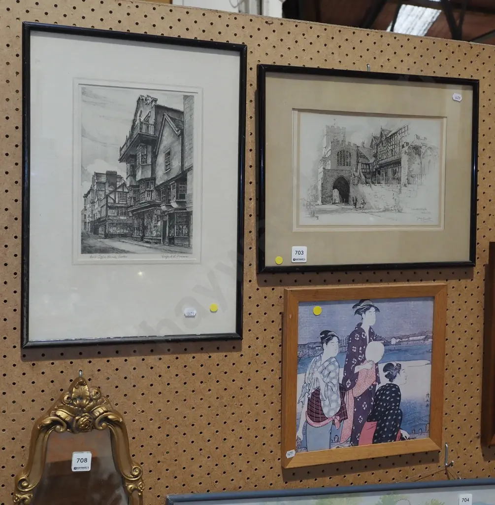2x framed etchings, framed digital Japanese print - yellow dots Image 1++