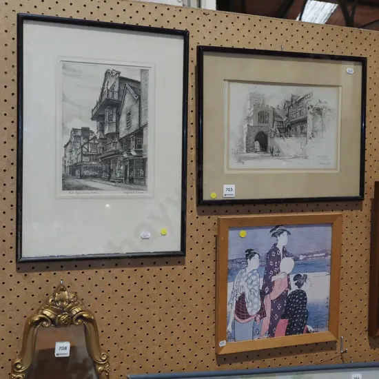 2x framed etchings, framed digital Japanese print - yellow dots