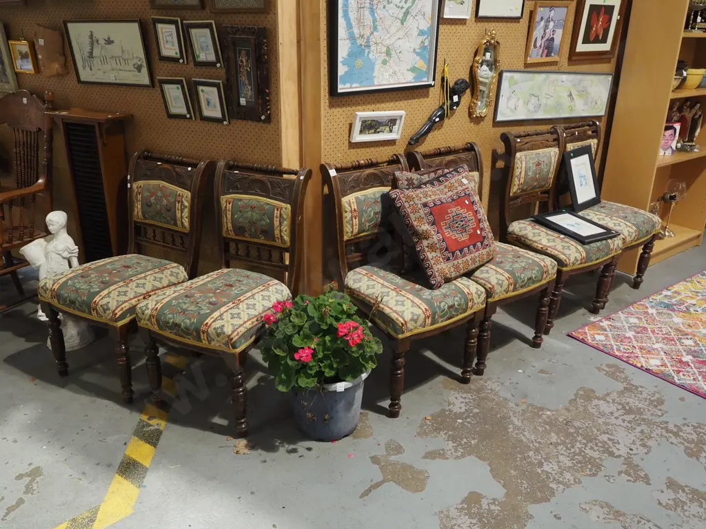 6x turned leg and carved upholstered Victorian dining chairs Image 1++
