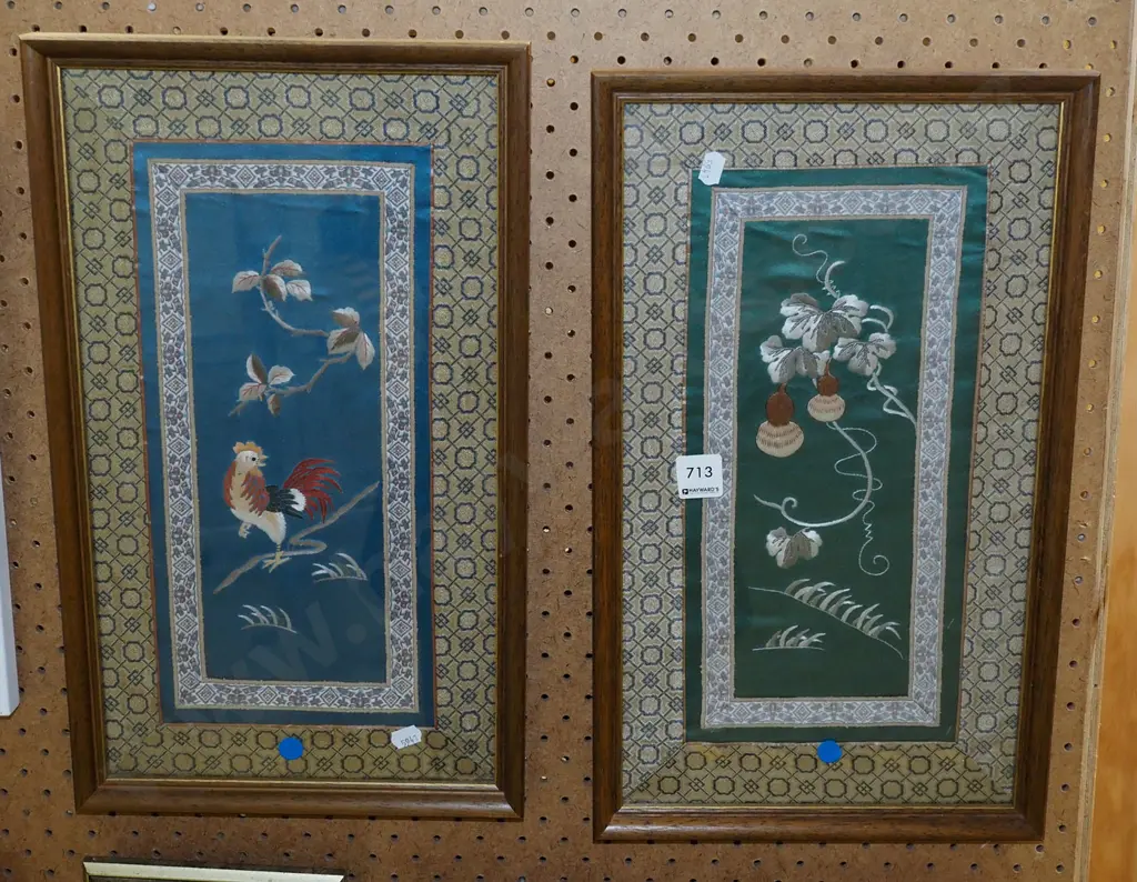 2x framed Asian needleworks - rooster, plants blue dots Image 1++