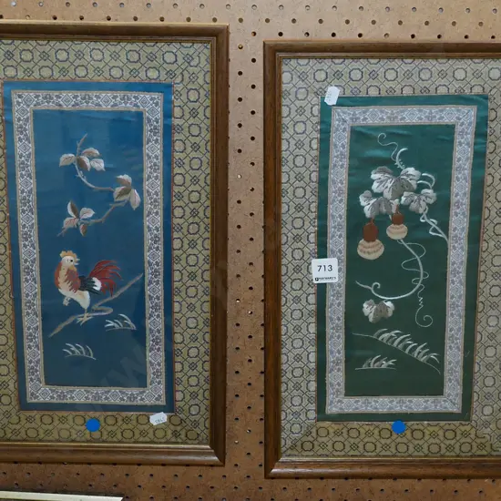 2x framed Asian needleworks - rooster, plants blue dots