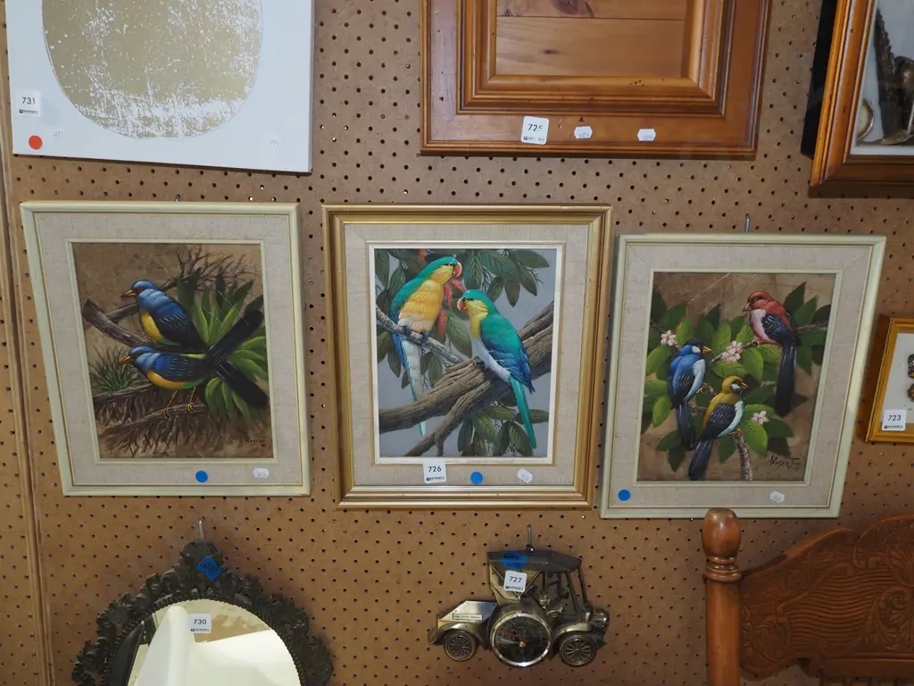 3x framed oils - birds - blue dots Image 1++