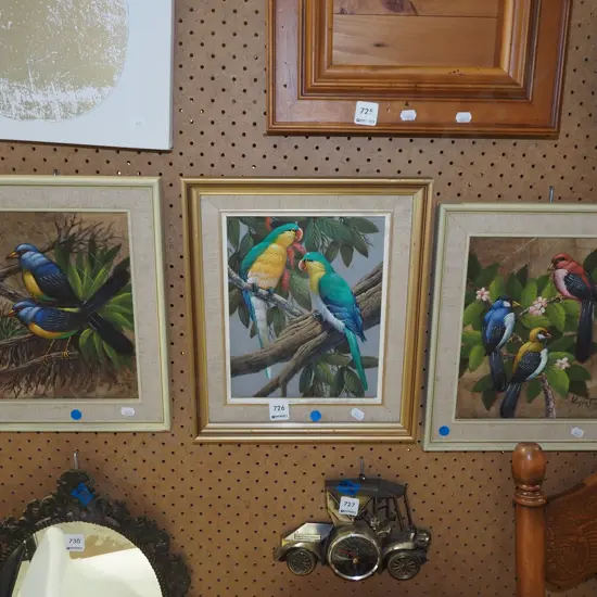 3x framed oils - birds - blue dots