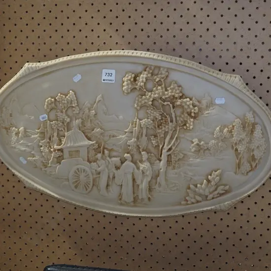 composite oval wall art with Asian scene in relief W620