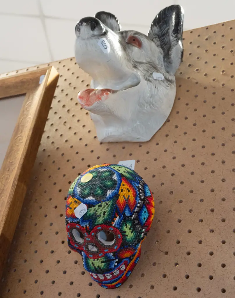 composite dog head wall ornament and colourful beaded skull Image 1++