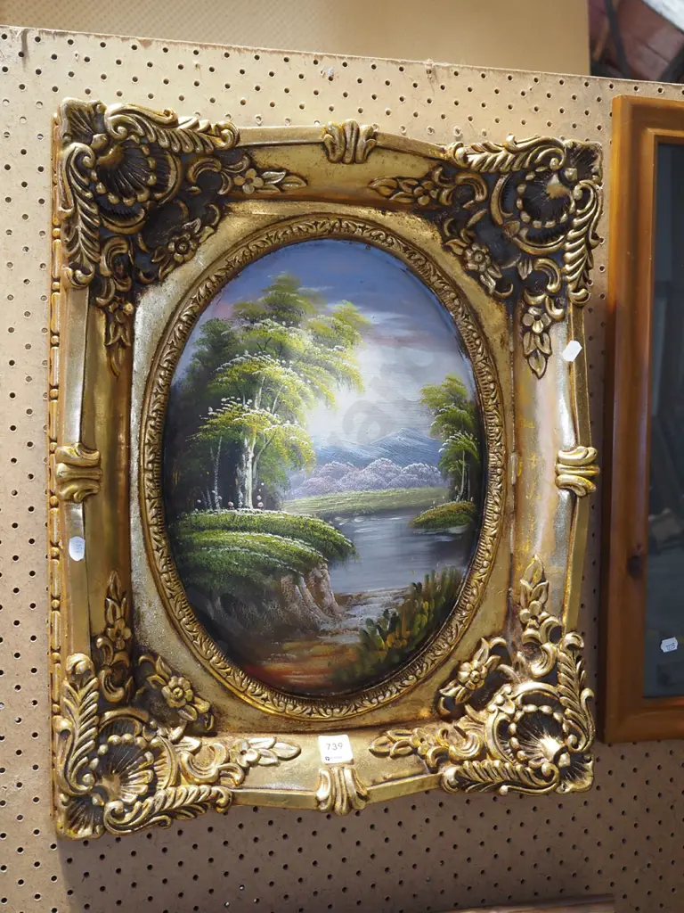 gilt framed convex oil on plaster - landscape H550 Image 1++