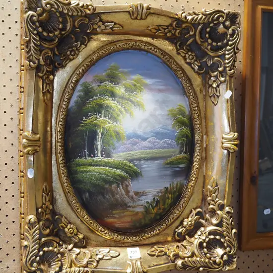 gilt framed convex oil on plaster - landscape H550