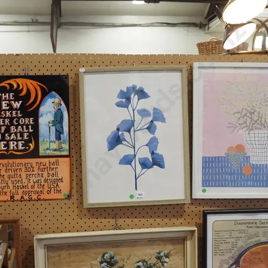 reproduction golfing print on tin, 2x framed floral prints - green dots
