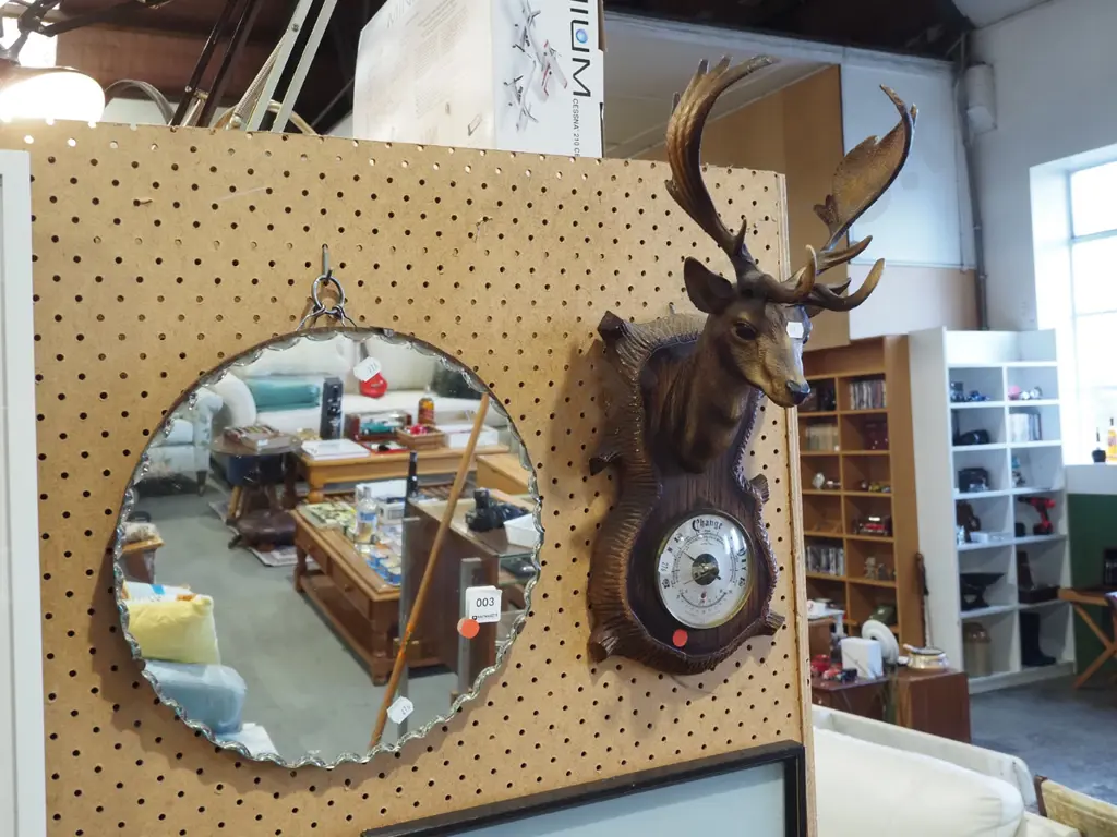 plastic stag head barometer, small scalloped edge wall mirror - red dots Image 1++