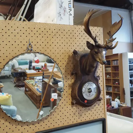 plastic stag head barometer, small scalloped edge wall mirror - red dots