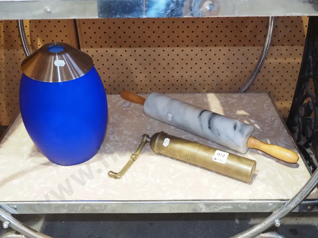 hand held brass coffee mill, marble rolling pin, blue glass light shade H240 Image 1++