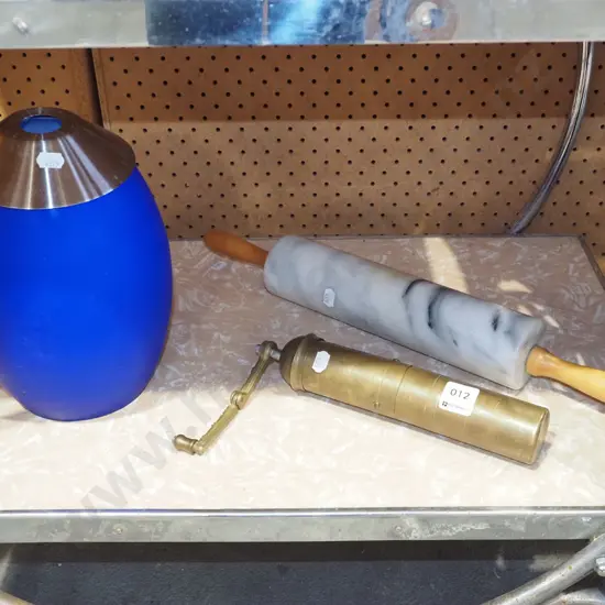 hand held brass coffee mill, marble rolling pin, blue glass light shade H240