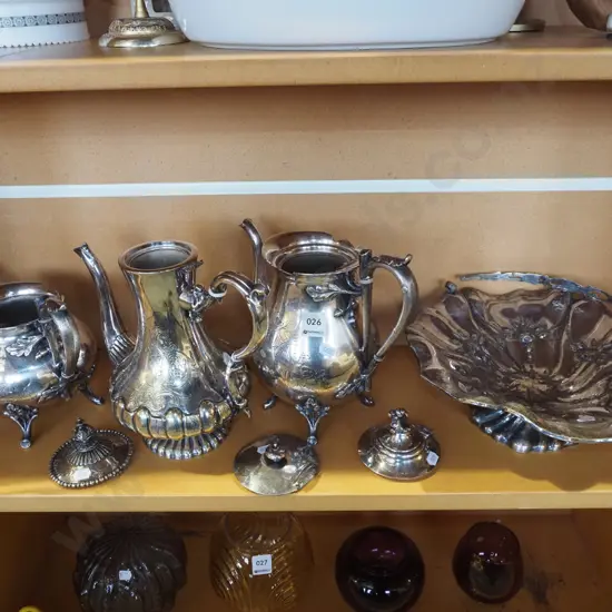 assorted plated ware; tea pots, coffee pots, comport - hinges to lids all broken