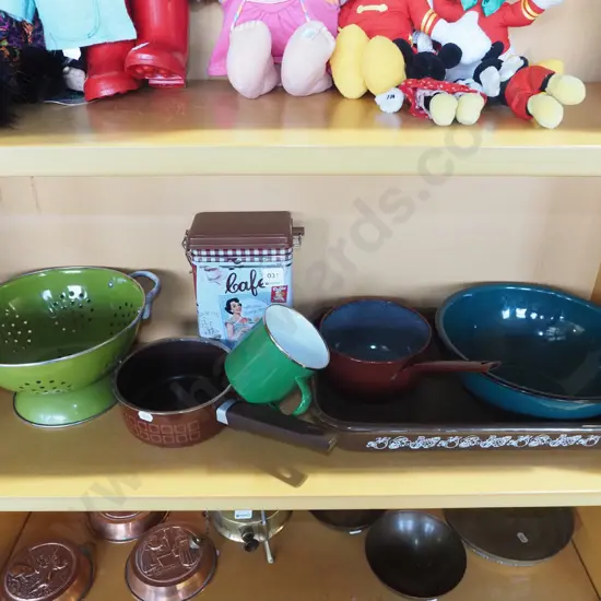 enamel baking dish, bowls, colander etc