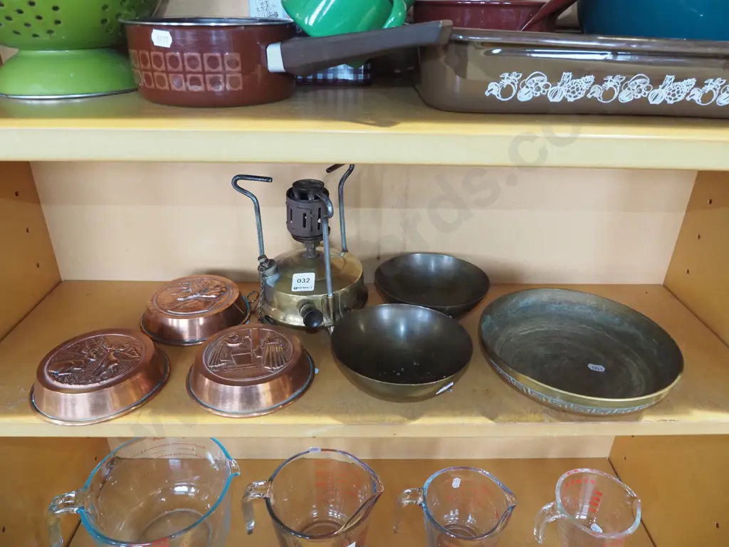 copper baking moulds, brass bowls, vintage white spirit camp stove Image 1++