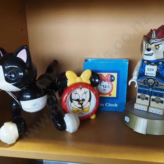 childs alarm clock, Lego toy, robotic cat