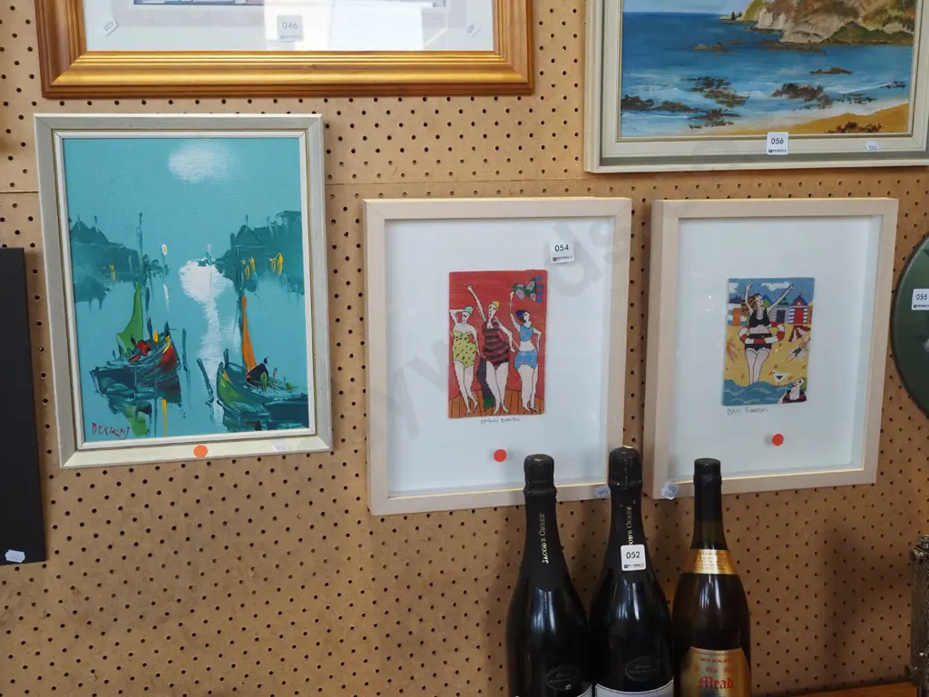 framed oil - yachts, 2x needleworks - woman at beach - red dots Image 1++