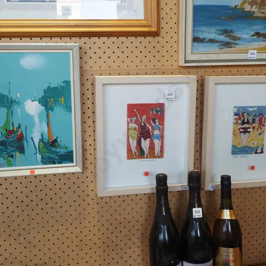 framed oil - yachts, 2x needleworks - woman at beach - red dots