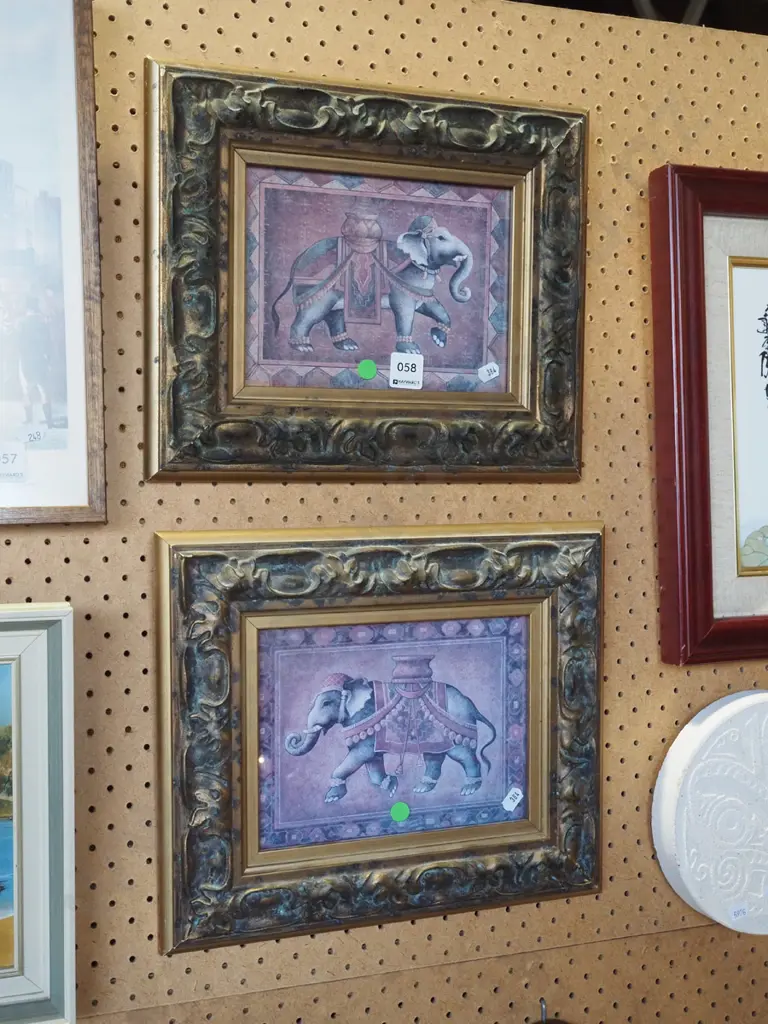2x ornate framed elephant prints - green dots Image 1++