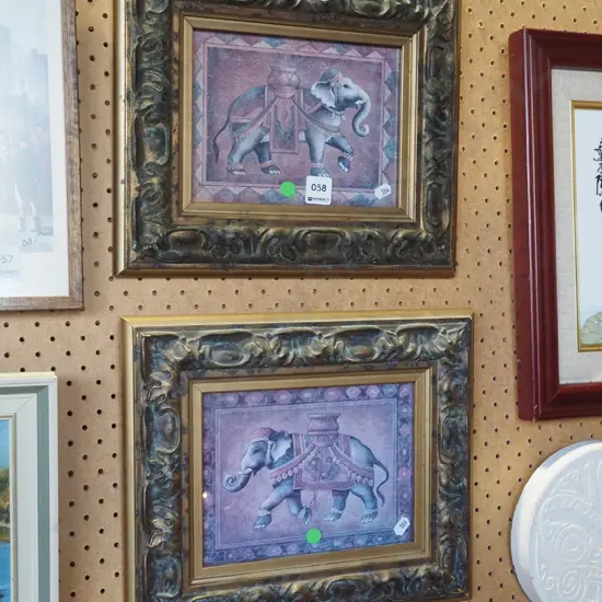 2x ornate framed elephant prints - green dots