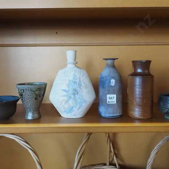 shelf; pottery cups, bottles, ink bottle, vase Tallest H200