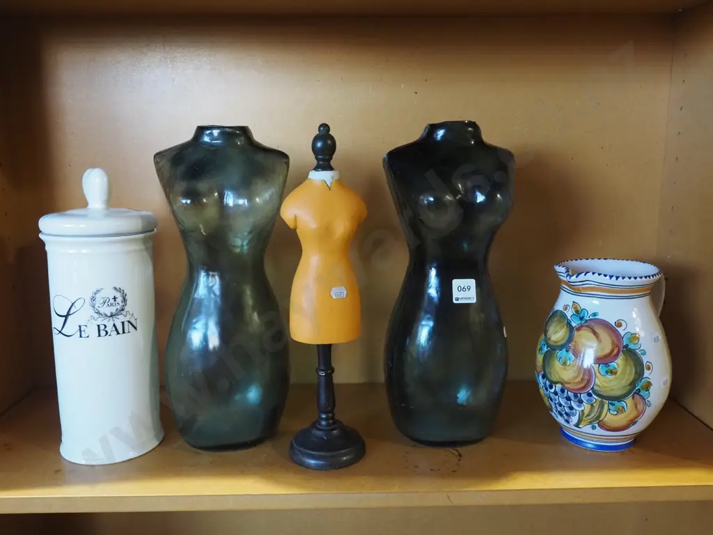 2x glass female torso bottles, self sealing canister, jewellery stand etc  Image 1++