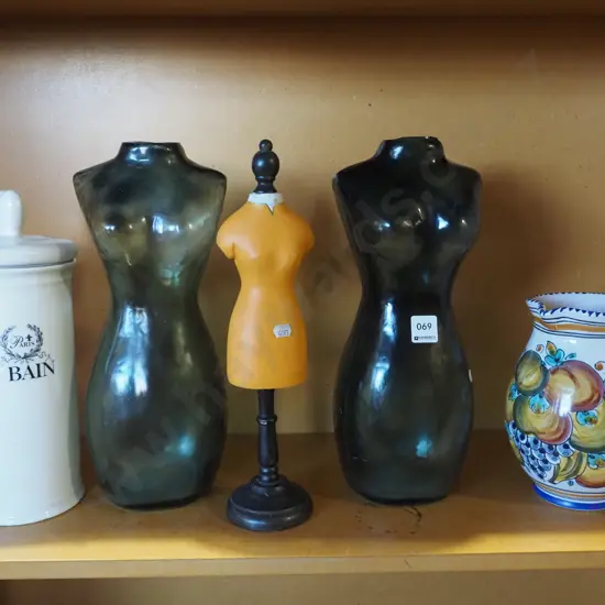 2x glass female torso bottles, self sealing canister, jewellery stand etc 