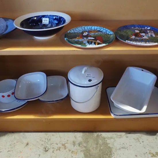 enamel trays, lidded canister, bowls etc