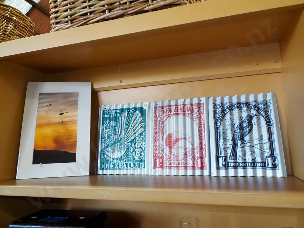 3x prints on tins - NZ stamps, helicopter fire fighting Image 1++