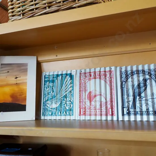 3x prints on tins - NZ stamps, helicopter fire fighting