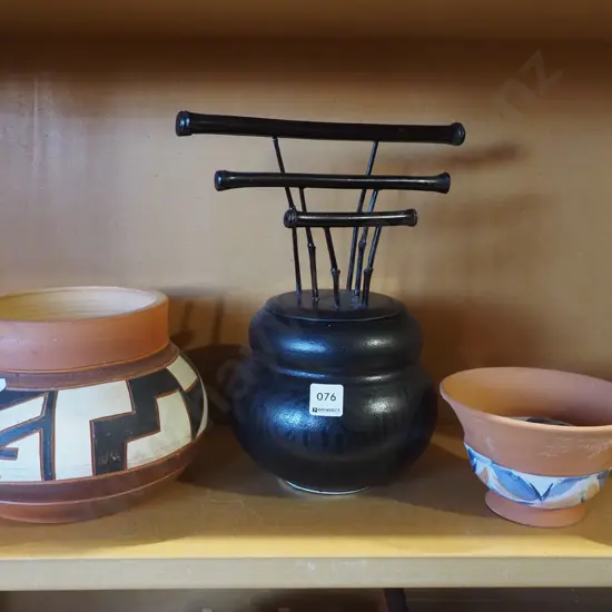 Asian lidded bowl, 2x studio pottery bowls