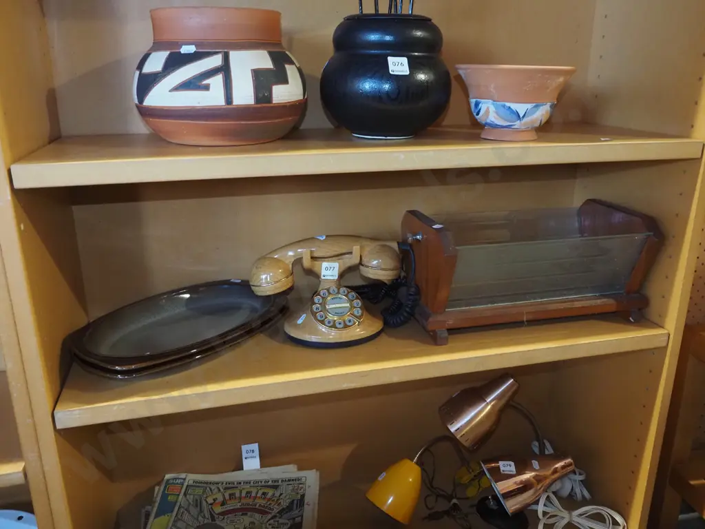 reproduction faux wood telephone, Temuka steak dishes, wood and glass deco fruit bowl Image 1++