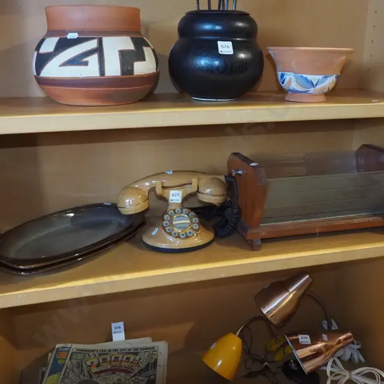 reproduction faux wood telephone, Temuka steak dishes, wood and glass deco fruit bowl