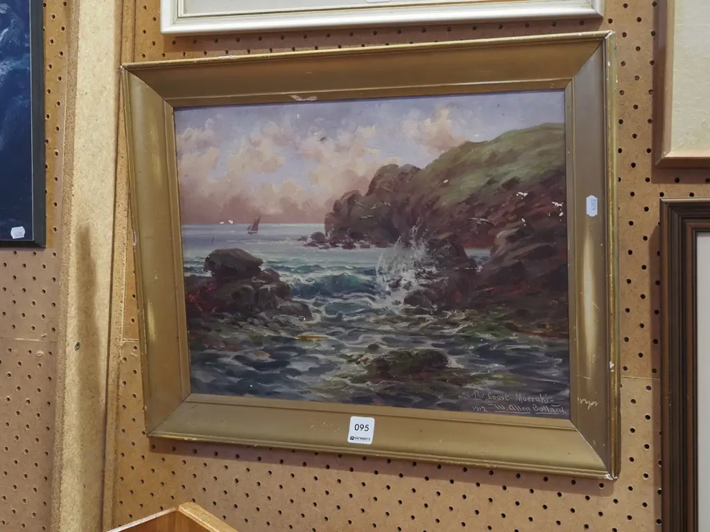framed W Allen Bollard 1912 oil on board - Moeraki coast - significant damage Image 1++