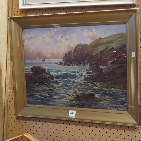framed W Allen Bollard 1912 oil on board - Moeraki coast - significant damage
