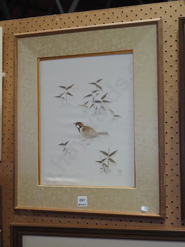 framed Asian needlework - bird, no glass Image 1++