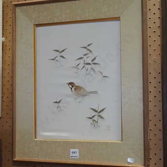 framed Asian needlework - bird, no glass