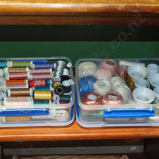 2x plastic containers of sewing threads