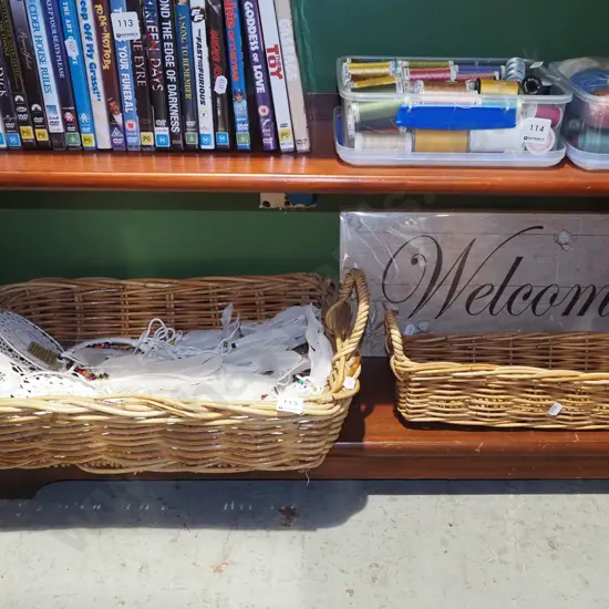 Welcome sign, 2x cane baskets, dream catchers