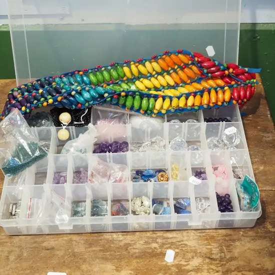 plastic organisers, polished stones, beads etc
