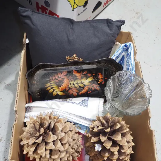 box; large pine cones, napkins, cushion etc