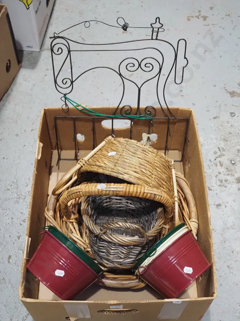 box; wall mounted metal rack, cane baskets, small metal pails etc Image 1++
