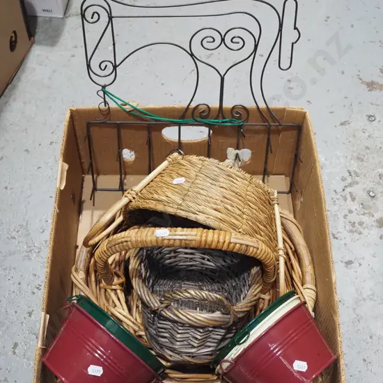 box; wall mounted metal rack, cane baskets, small metal pails etc